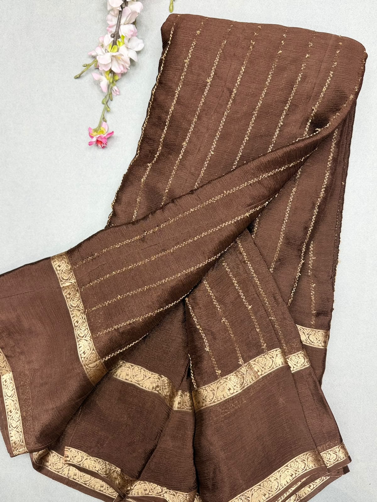 Brown Stripes Semi Wrinkle Crepe Saree 111