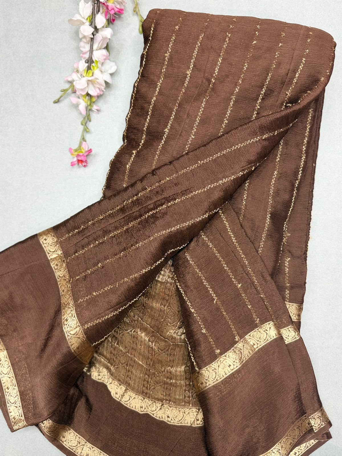 Brown Stripes Semi Wrinkle Crepe Saree 111