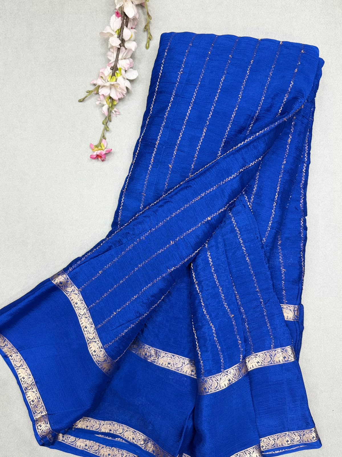 Royal Blue Stripes Semi Wrinkle Crepe Saree 111