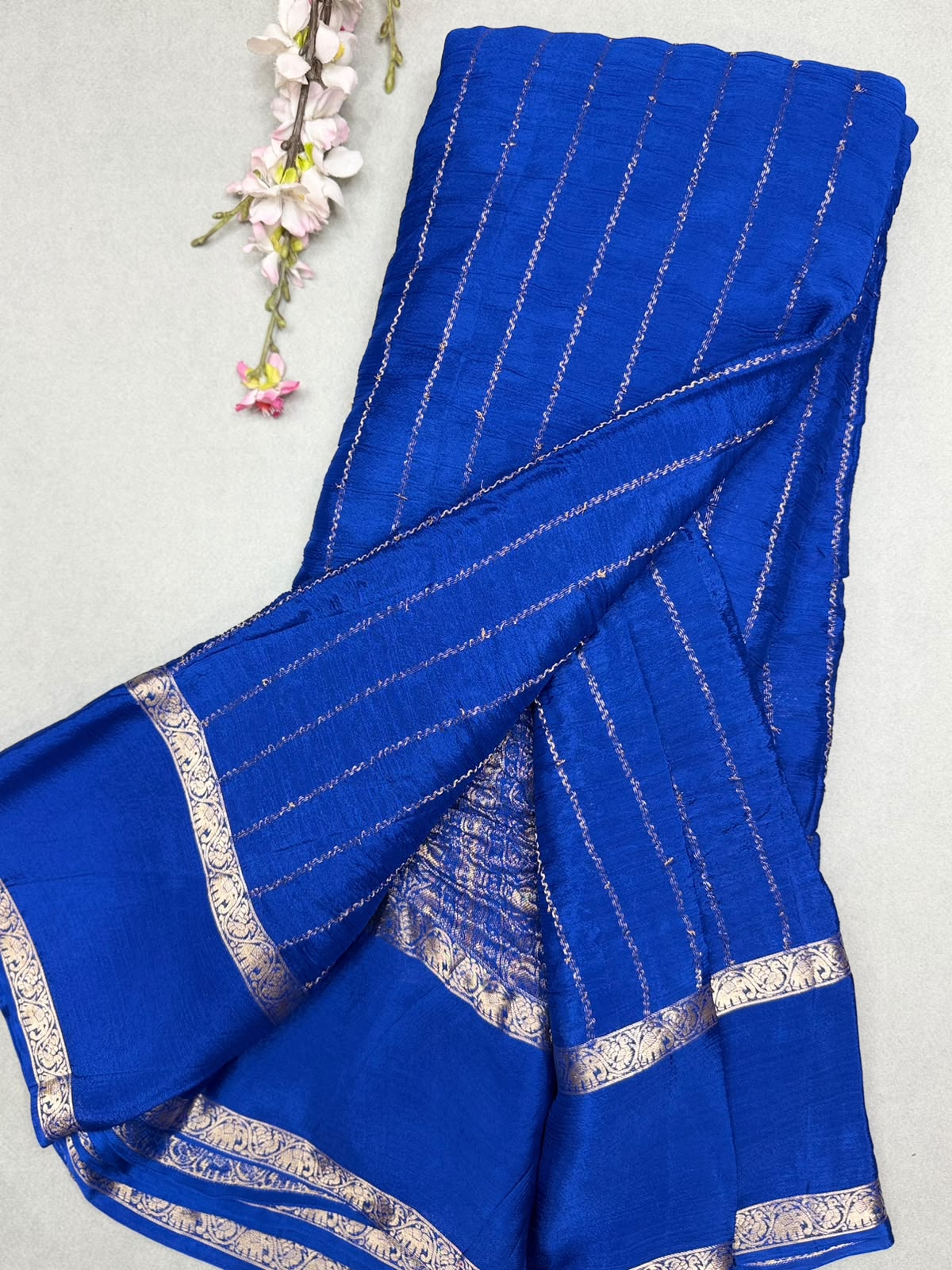 Royal Blue Stripes Semi Wrinkle Crepe Saree 111