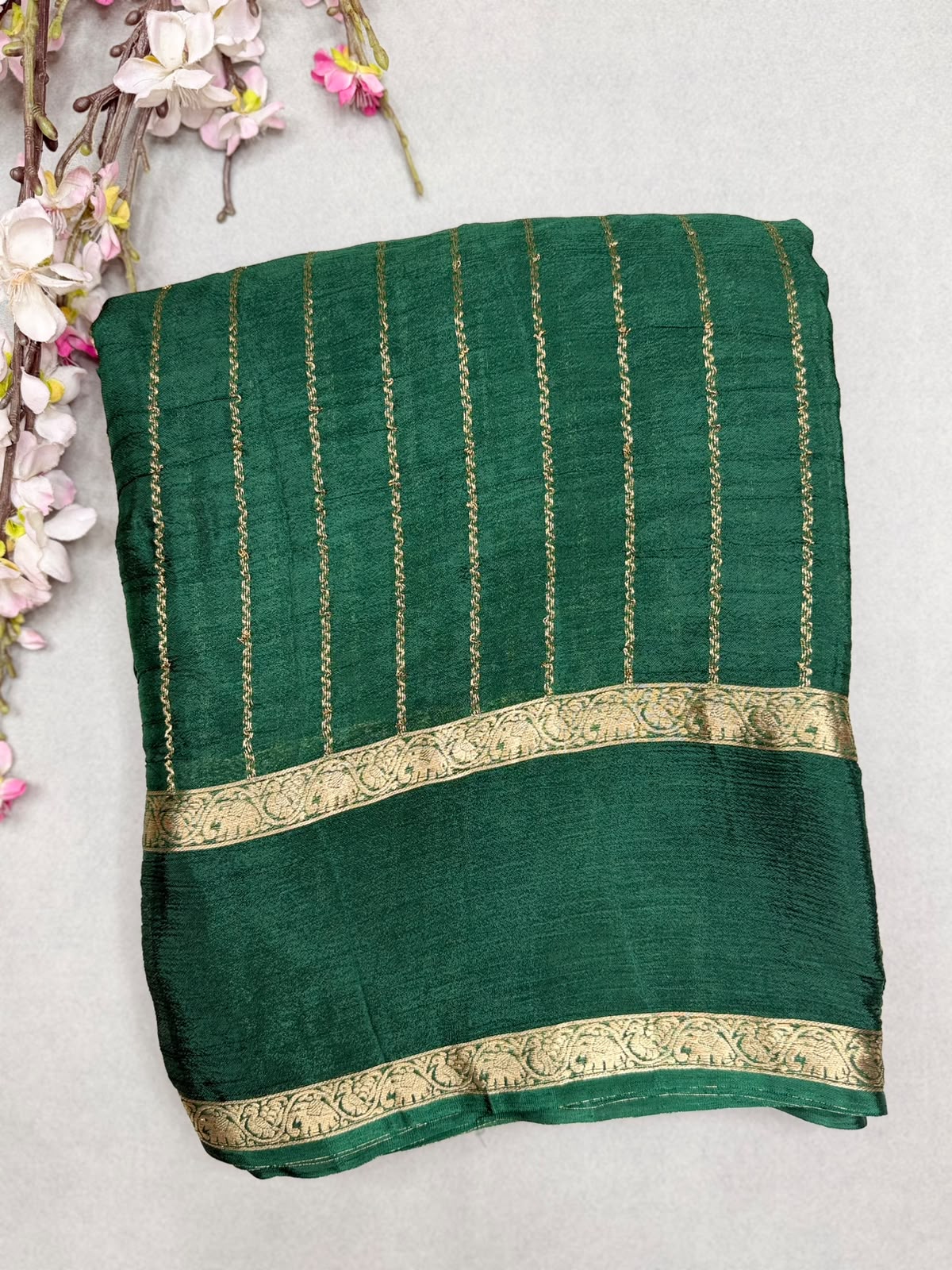 Bottle Green Stripes Semi Wrinkle Crepe Saree 111