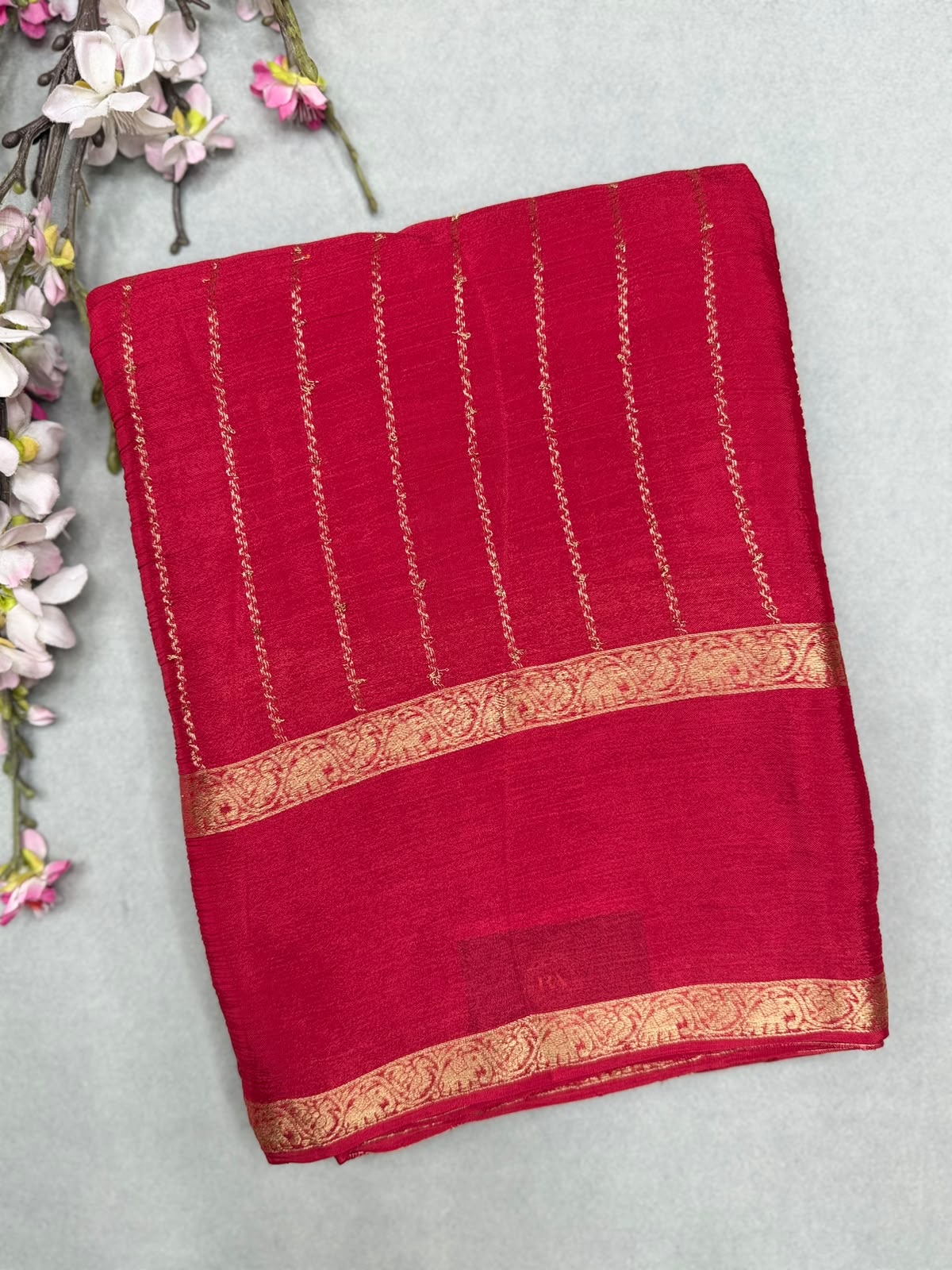 Red Stripes Semi Wrinkle Crepe Saree 111