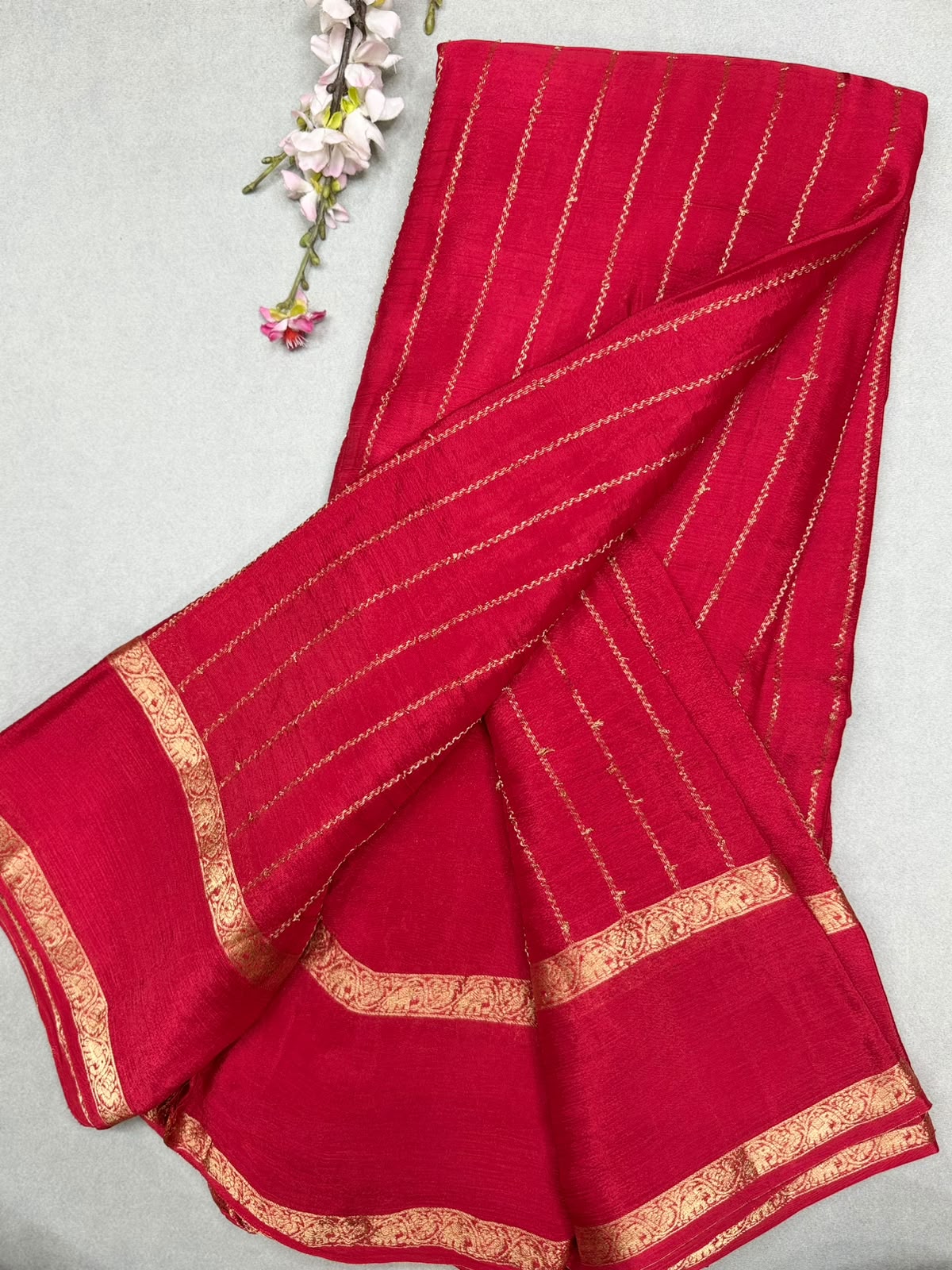 Red Stripes Semi Wrinkle Crepe Saree 111