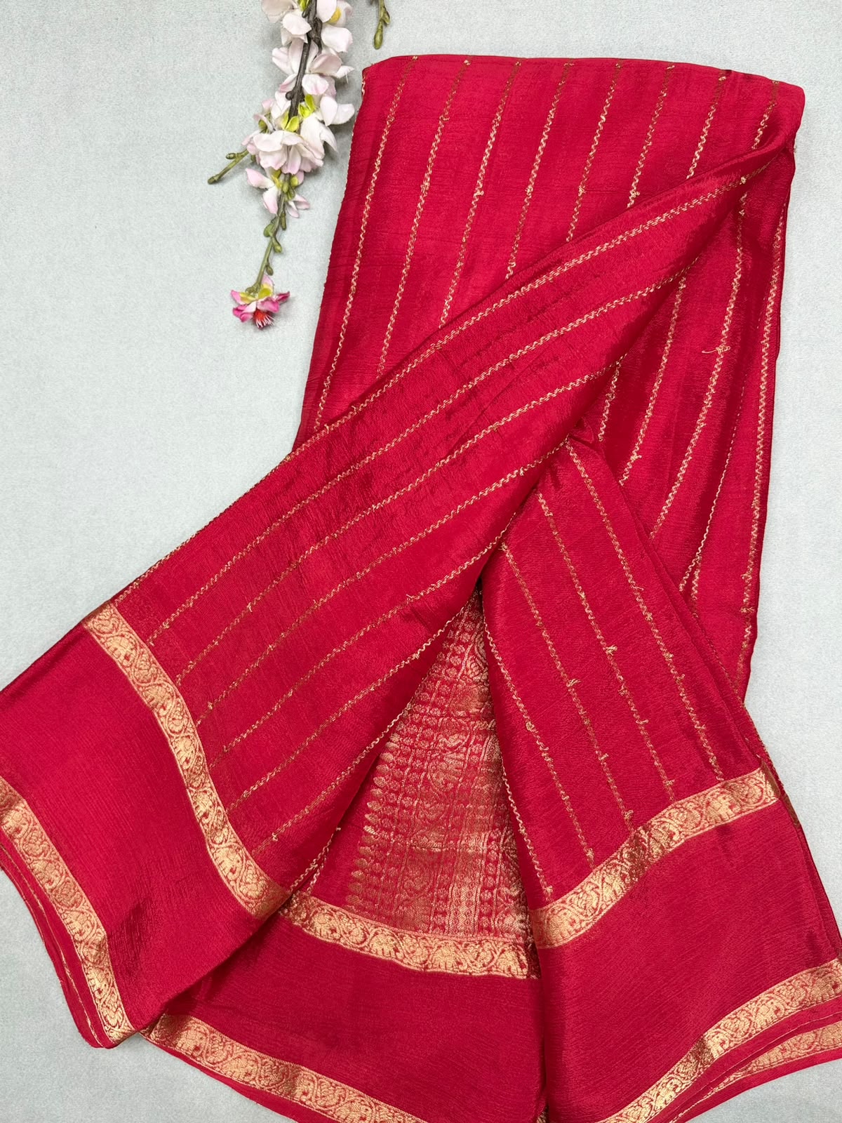 Red Stripes Semi Wrinkle Crepe Saree 111