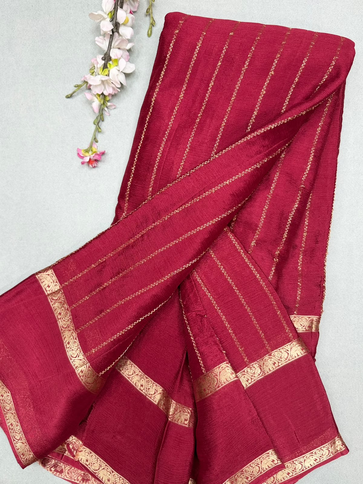 Maroon Stripes Semi Wrinkle Crepe Saree 111