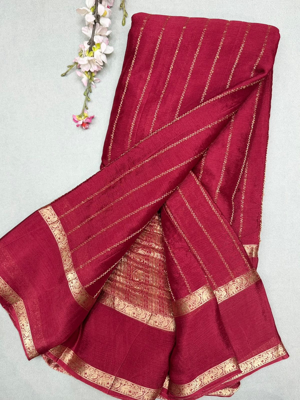 Maroon Stripes Semi Wrinkle Crepe Saree 111
