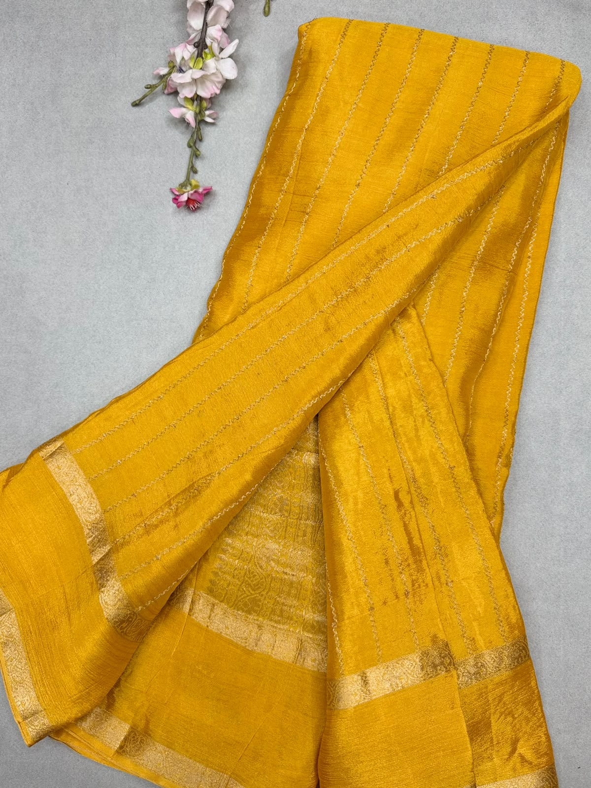 Yellow Stripes Semi Wrinkle Crepe Saree 111