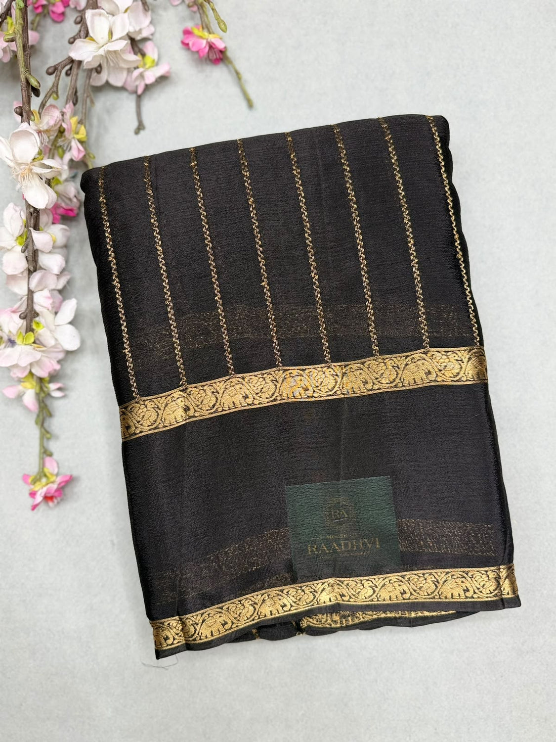 Black Stripes Semi Wrinkle Crepe Saree 111