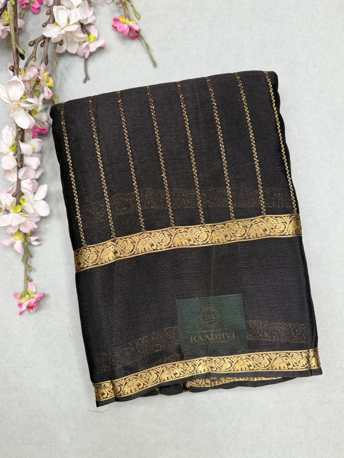 Black Stripes Semi Wrinkle Crepe Saree 111