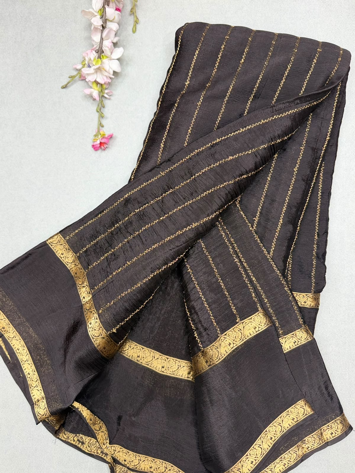 Black Stripes Semi Wrinkle Crepe Saree 111