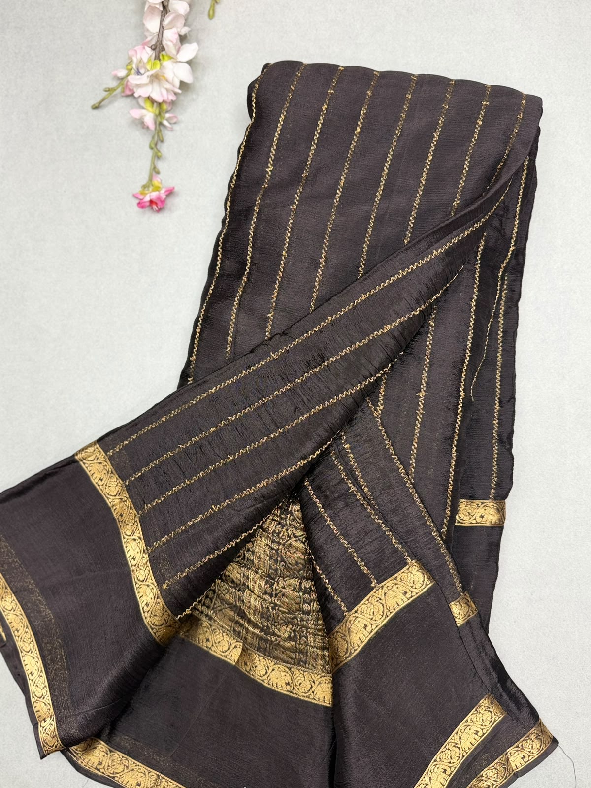Black Stripes Semi Wrinkle Crepe Saree 111