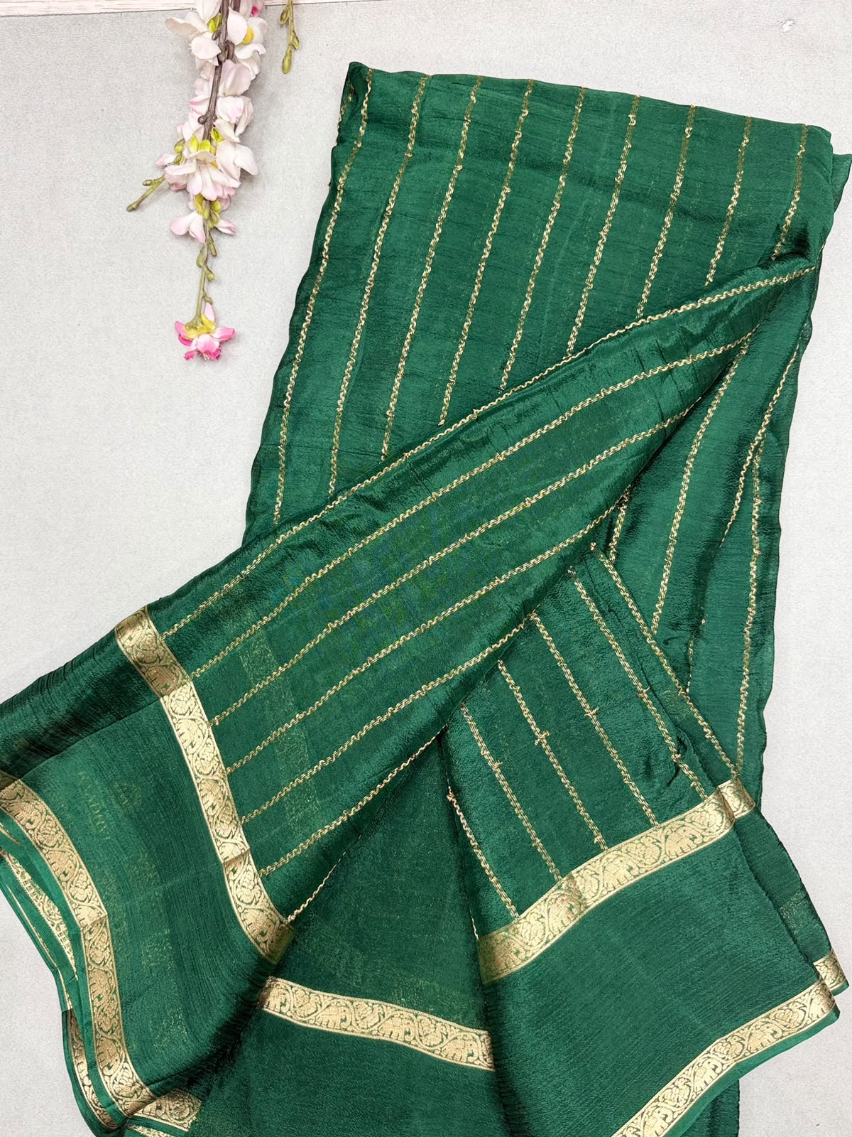 Bottle Green Stripes Semi Wrinkle Crepe Saree 111