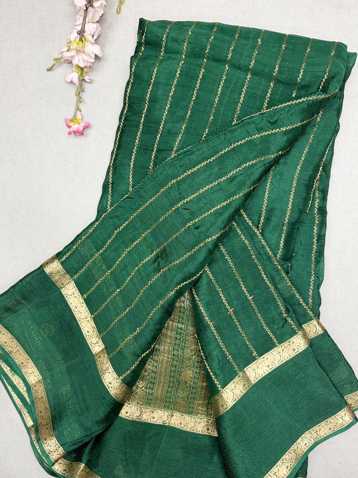 Bottle Green Stripes Semi Wrinkle Crepe Saree 111
