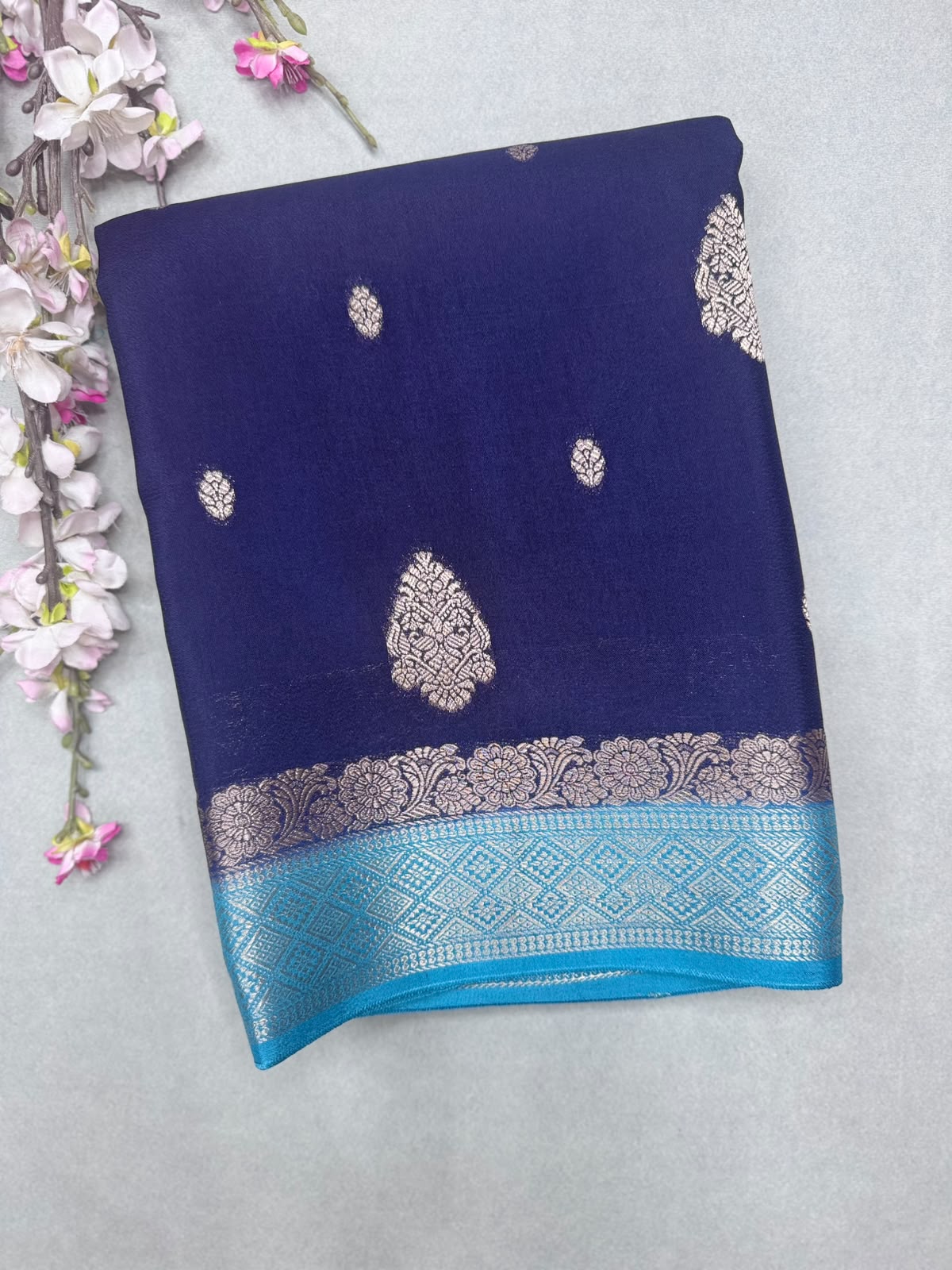 Navy Blue Semi Mysore Crepe Saree 111