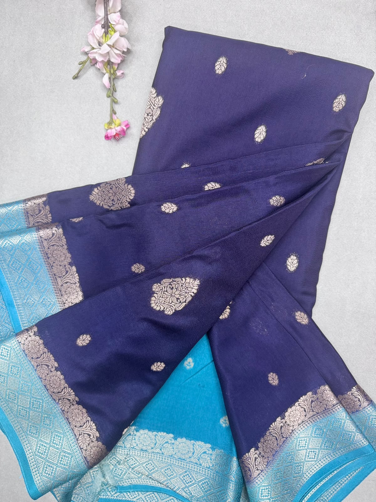 Navy Blue Semi Mysore Crepe Saree 111