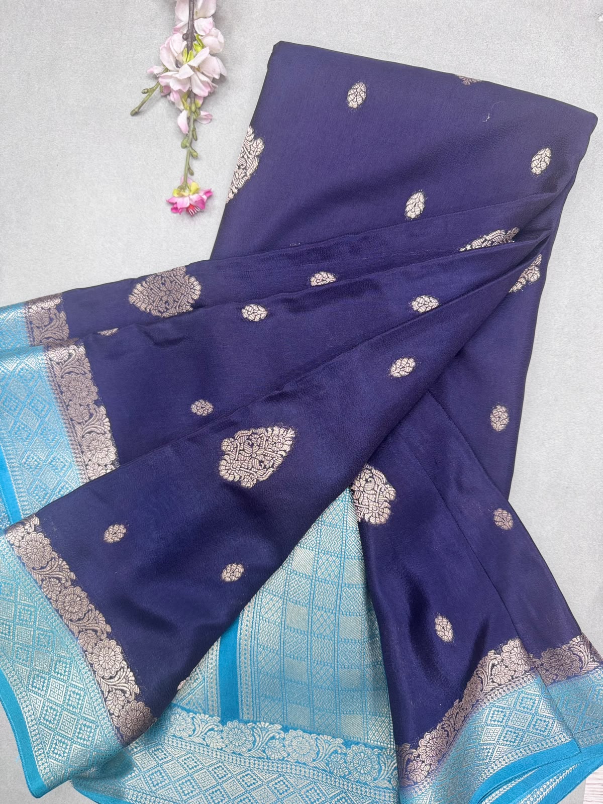Navy Blue Semi Mysore Crepe Saree 111