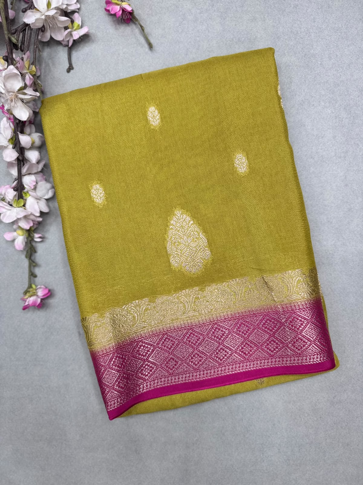 Mehandi Green Semi Mysore Crepe Saree 111