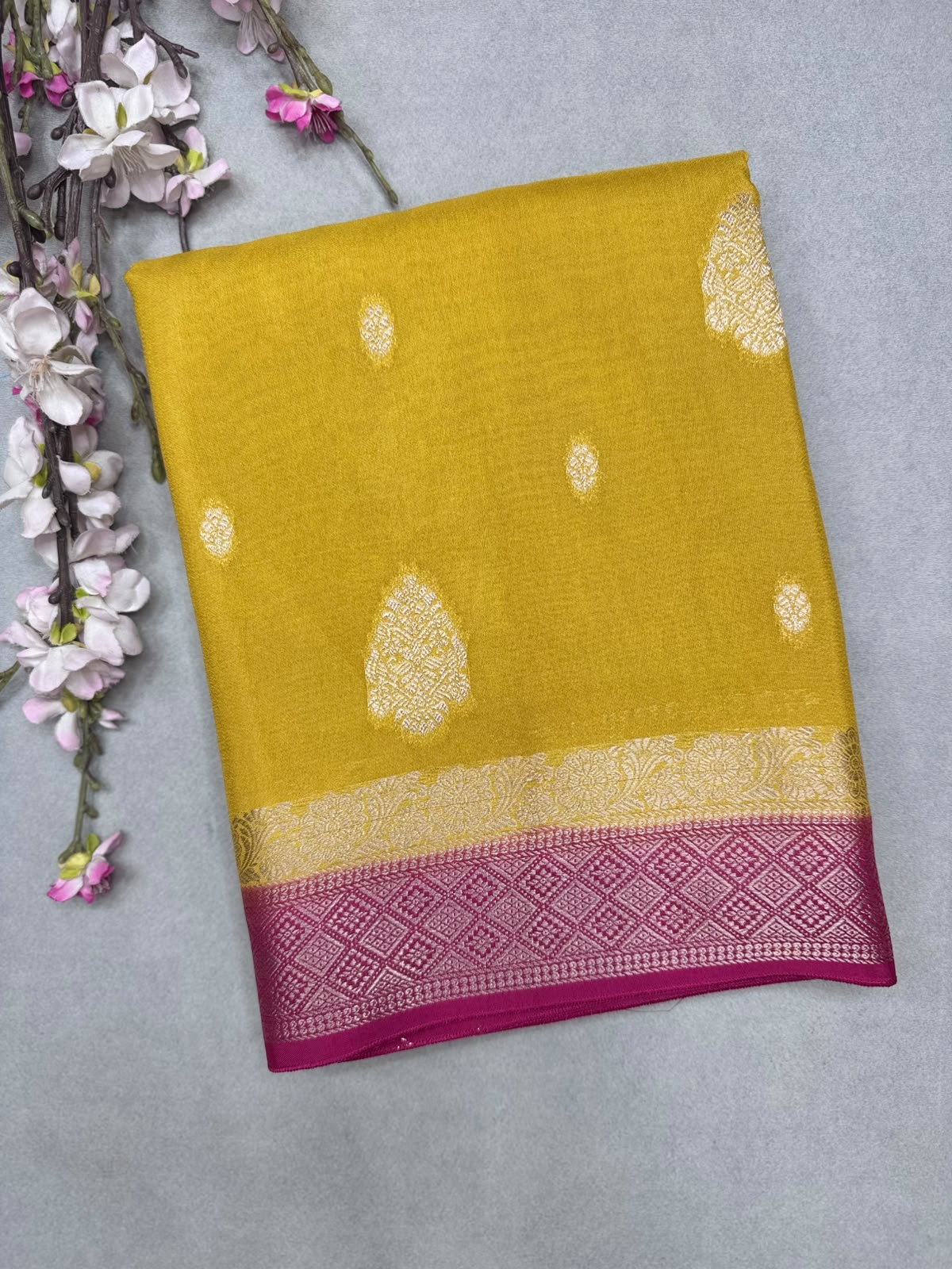 Mustard Semi Mysore Crepe Saree 111
