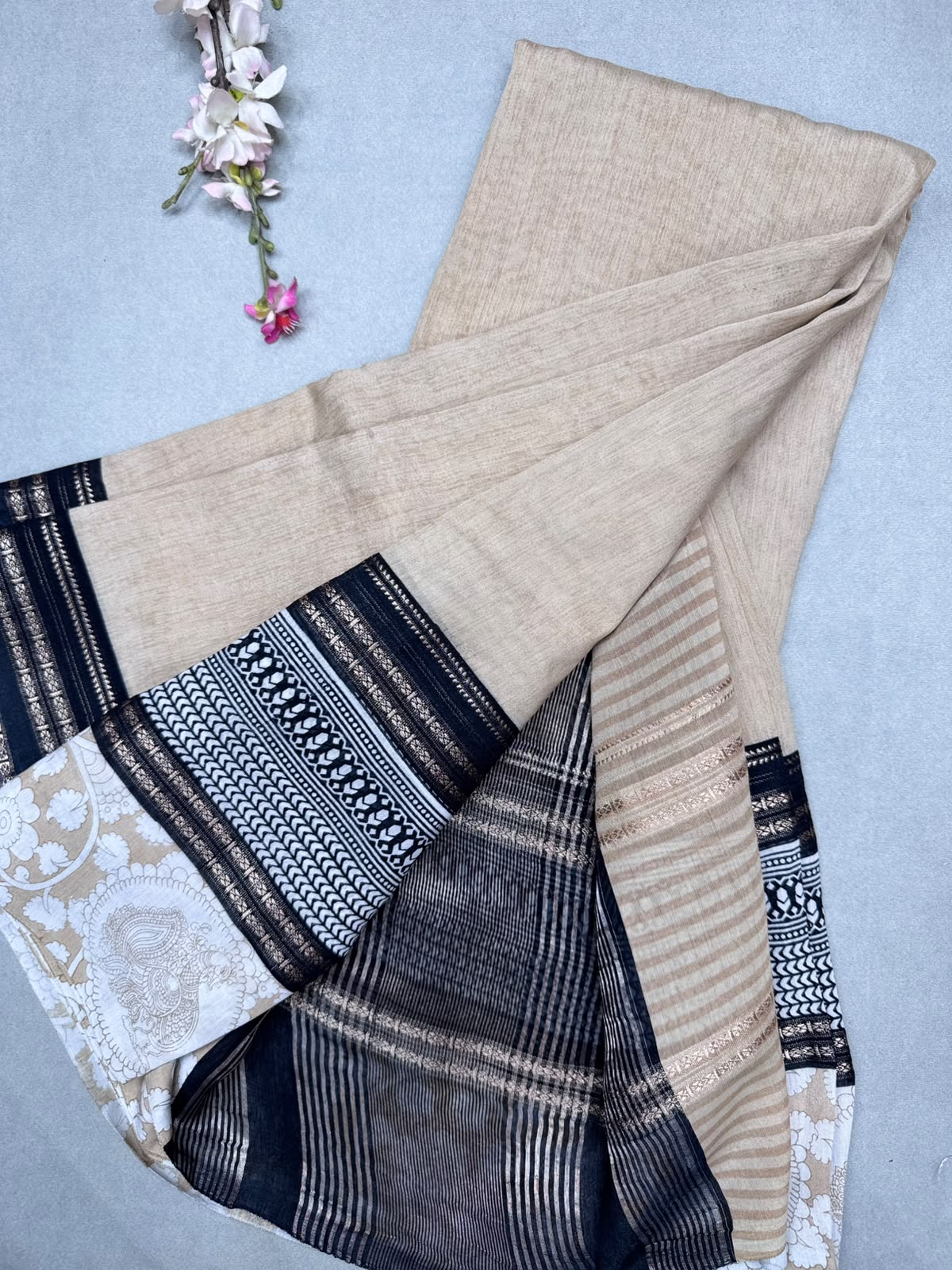 Cream Soft Tussar Crepe Saree 111