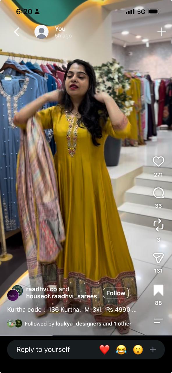 Masturd yellow Rajasthani silk Anarkali  Hand Embroidery A Line Kurtha 567