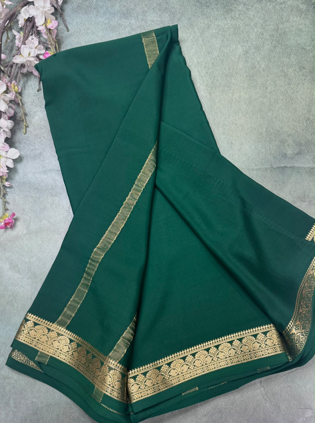Bottle Green Pure Mysore Crepe Silk Saree 111