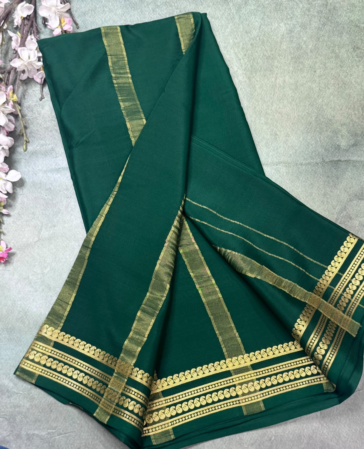 Bottle Green Pure Mysore Crepe Silk Saree 111