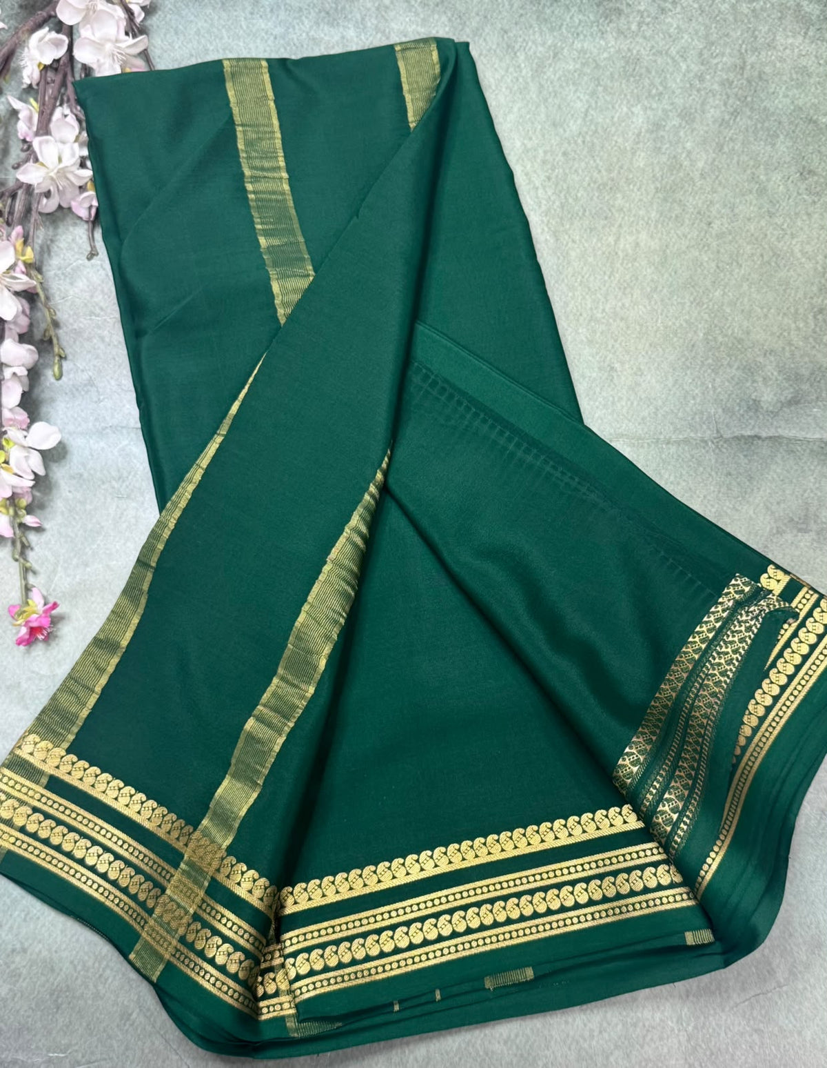 Bottle Green Pure Mysore Crepe Silk Saree 111