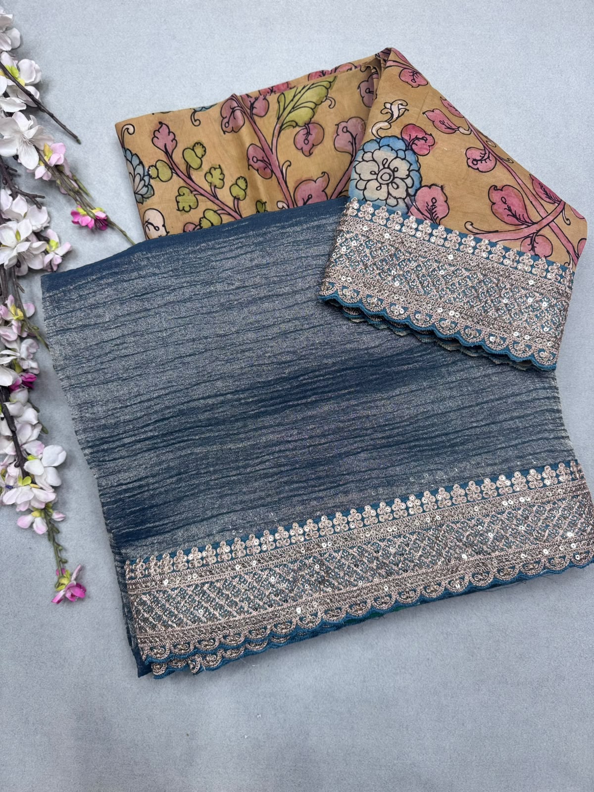 Sea Blue Crush Organza with Kalamkari Blouse Saree 110