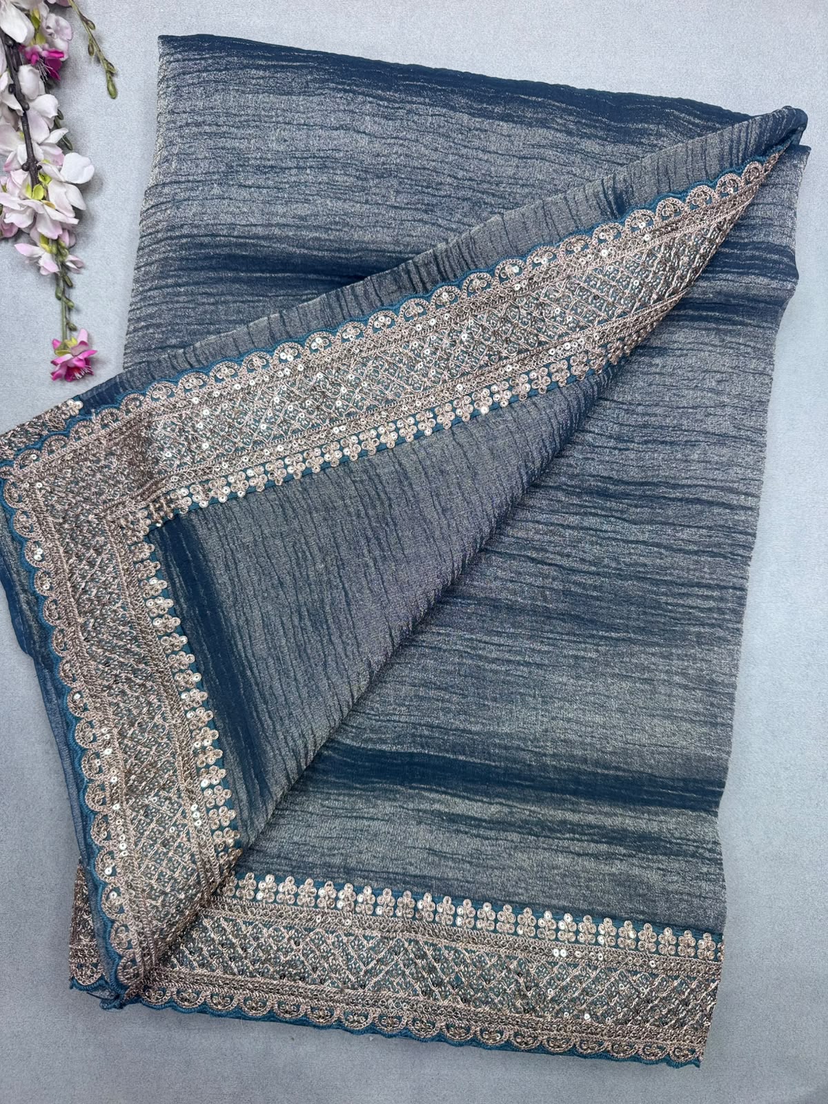 Sea Blue Crush Organza with Kalamkari Blouse Saree 110