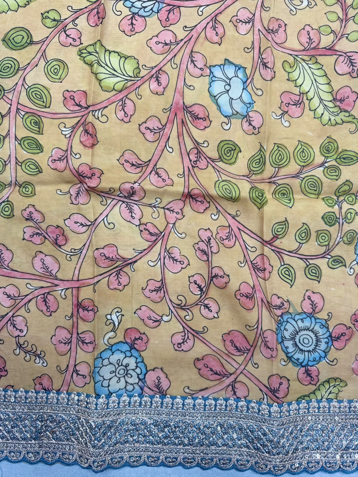 Sea Blue Crush Organza with Kalamkari Blouse Saree 110