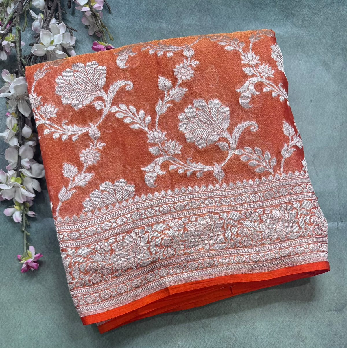 Orange Handloom Pure Benarasi Georgette Saree 110