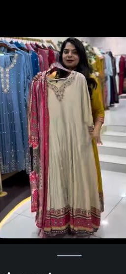 Cream Rajasthani Anarkali Hand Embroidery A Line Kurtha 567