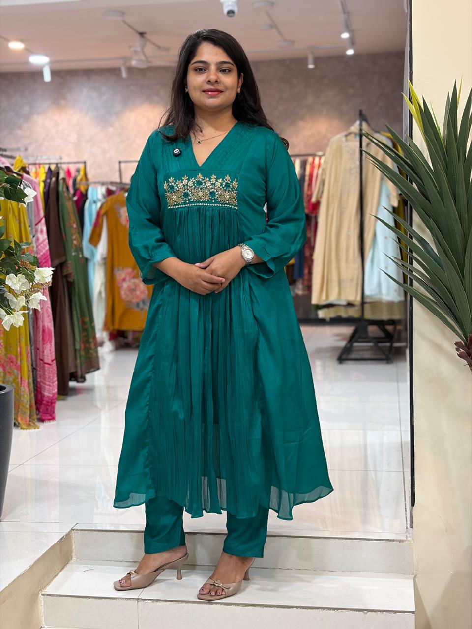 Peacock Green Chinnon Hand Embroidery Airline Kurtha 555