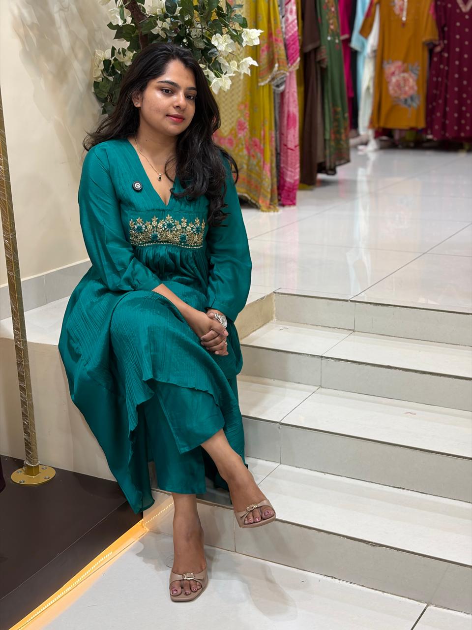 Peacock Green Chinnon Hand Embroidery Airline Kurtha 555