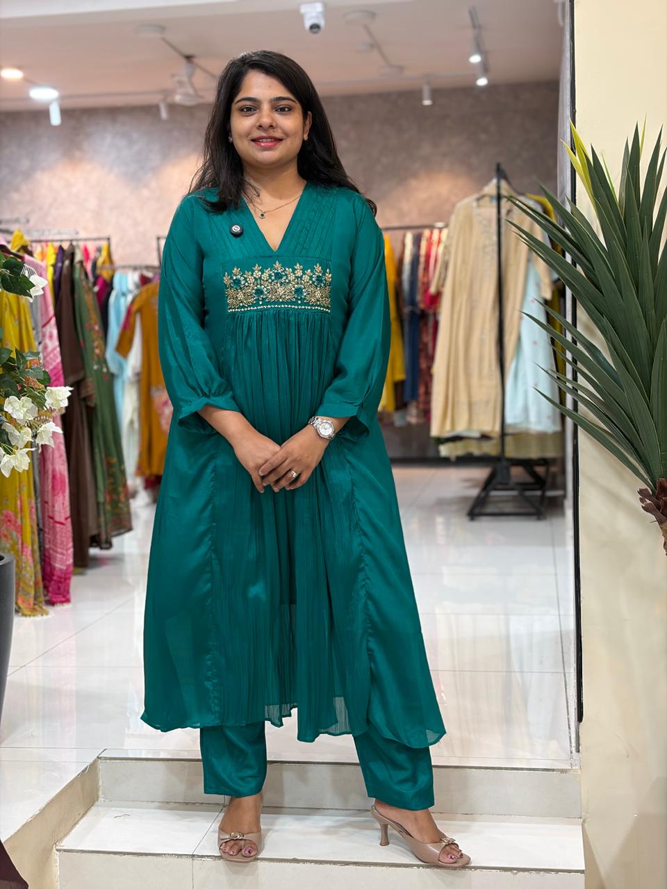 Peacock Green Chinnon Hand Embroidery Airline Kurtha 555