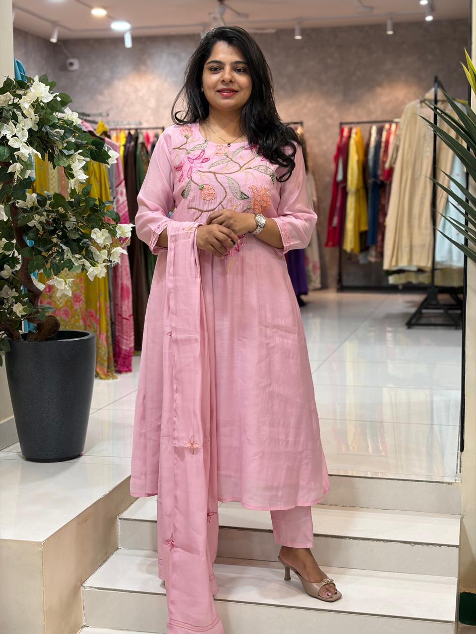 Pink Mul Chanderi Thread Embroidery Airline Kurtha 53
