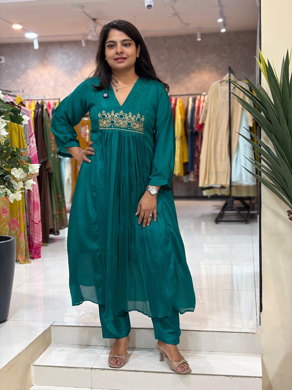 Peacock Green Chinnon Hand Embroidery Airline Kurtha 555