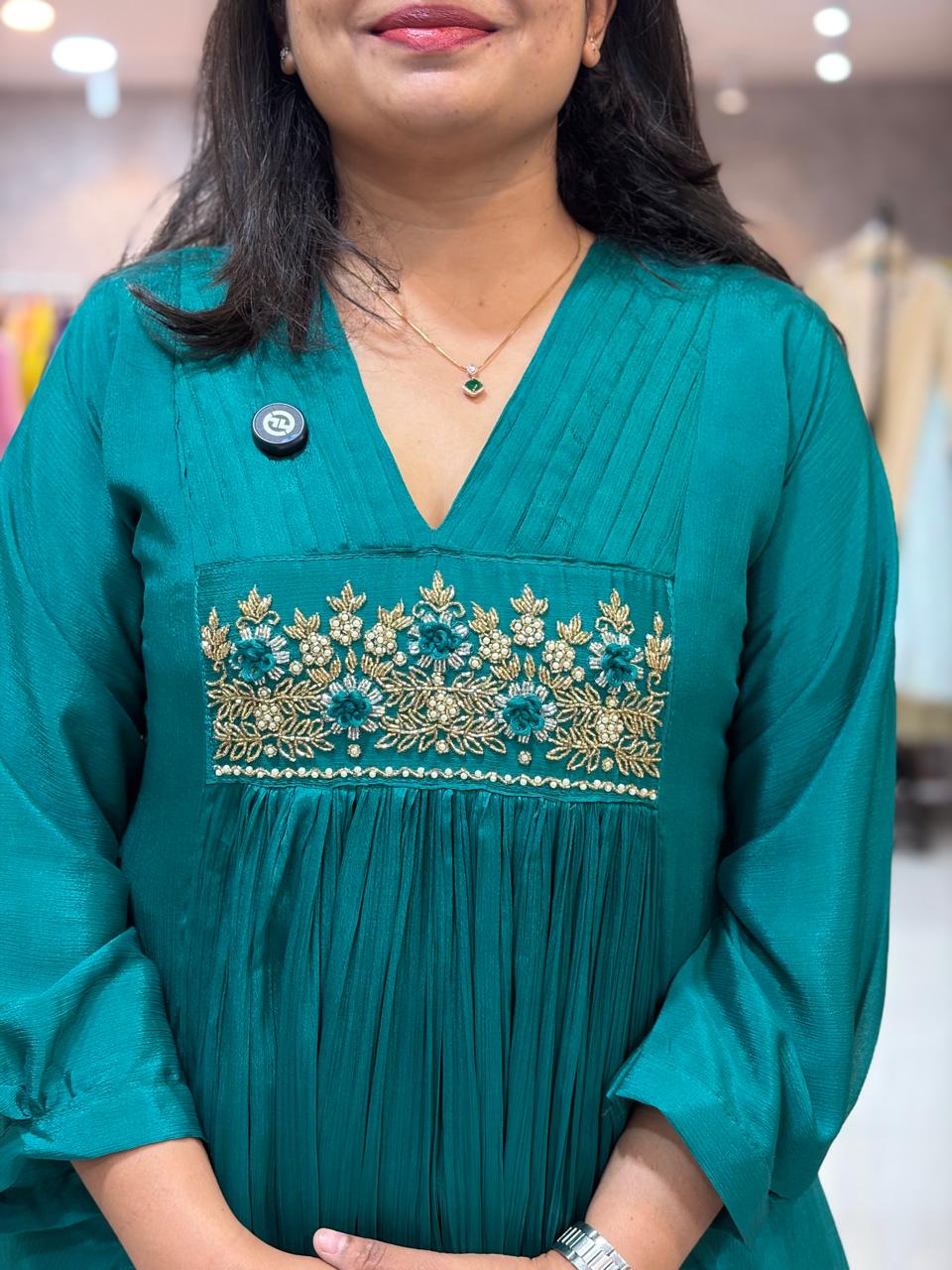 Peacock Green Chinnon Hand Embroidery Airline Kurtha 555