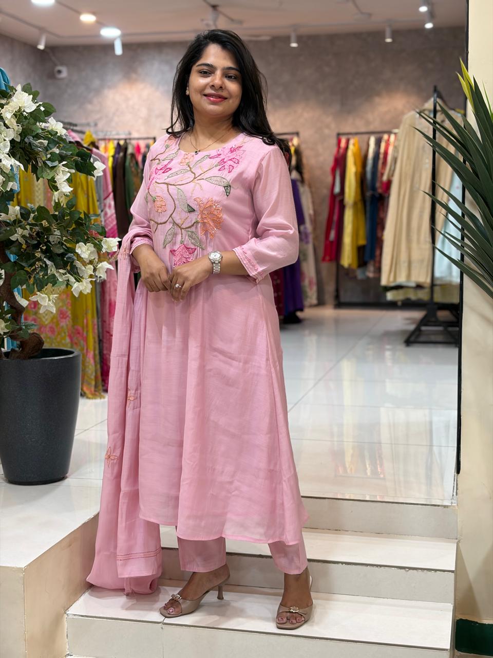 Pink Mul Chanderi Thread Embroidery Airline Kurtha 53