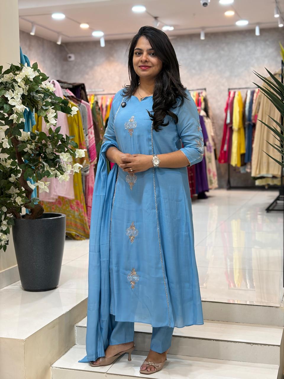 Blue Mul Chanderi Thread Embroidery Airline Kurtha 53