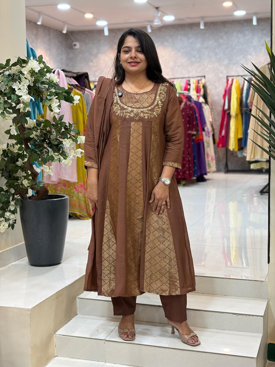 Brown Mul Chanderi Thread Embroidery Airline Kurtha 53
