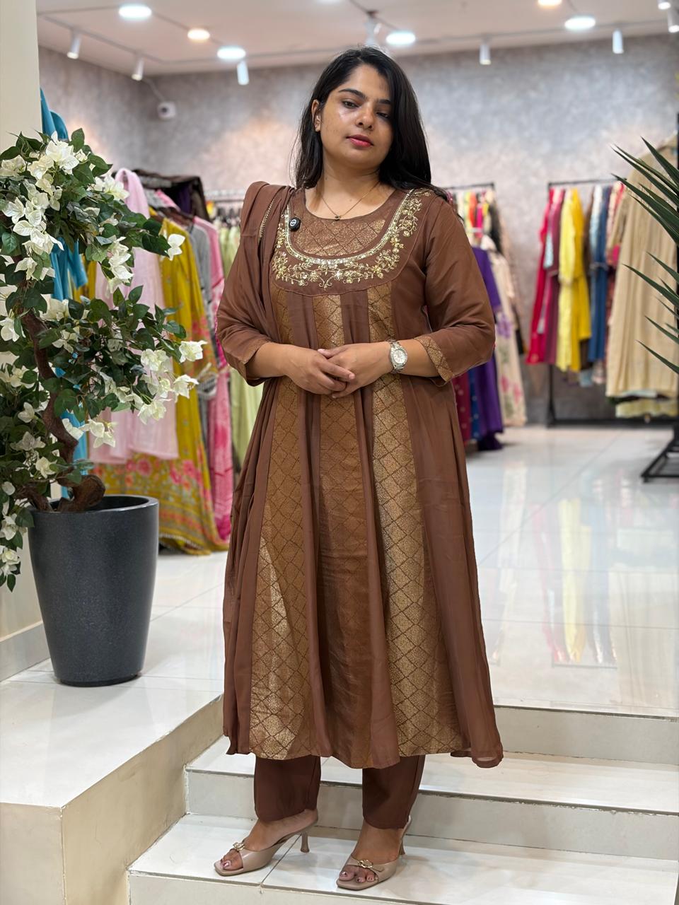 Brown Mul Chanderi Thread Embroidery Airline Kurtha 53
