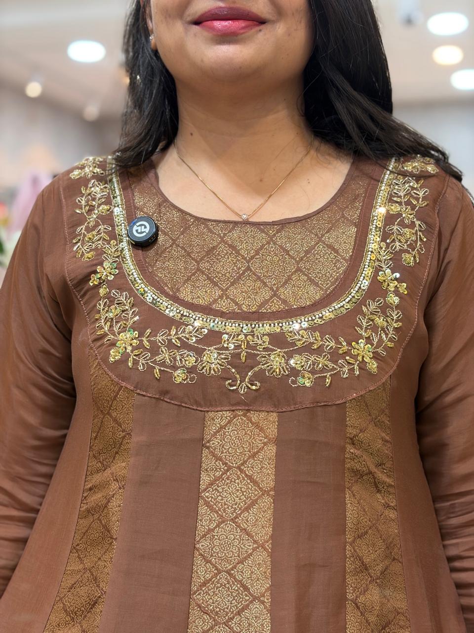 Brown Mul Chanderi Thread Embroidery Airline Kurtha 53