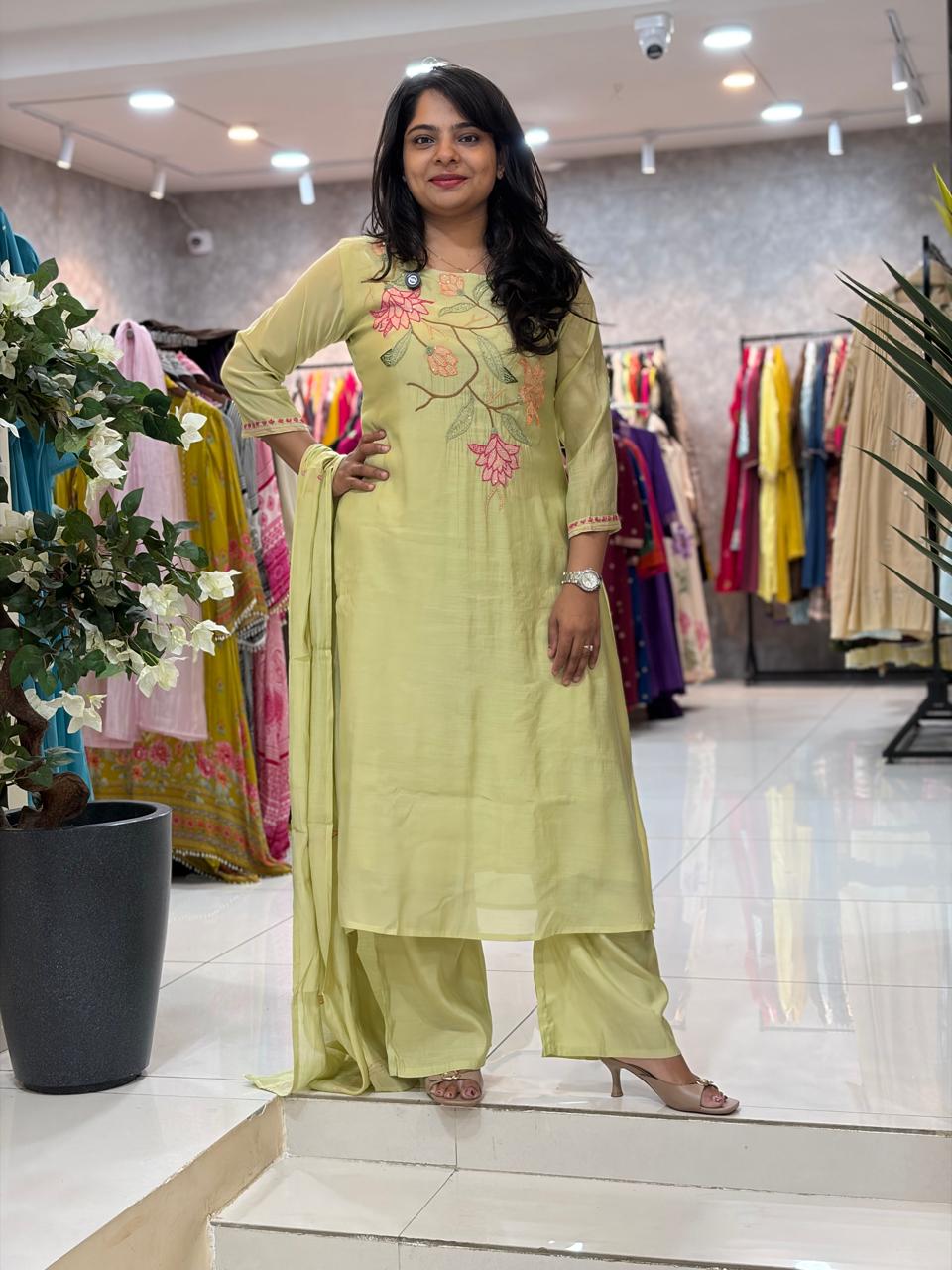 Pista Green Mul Chanderi Thread Embroidery Airline Kurtha 53