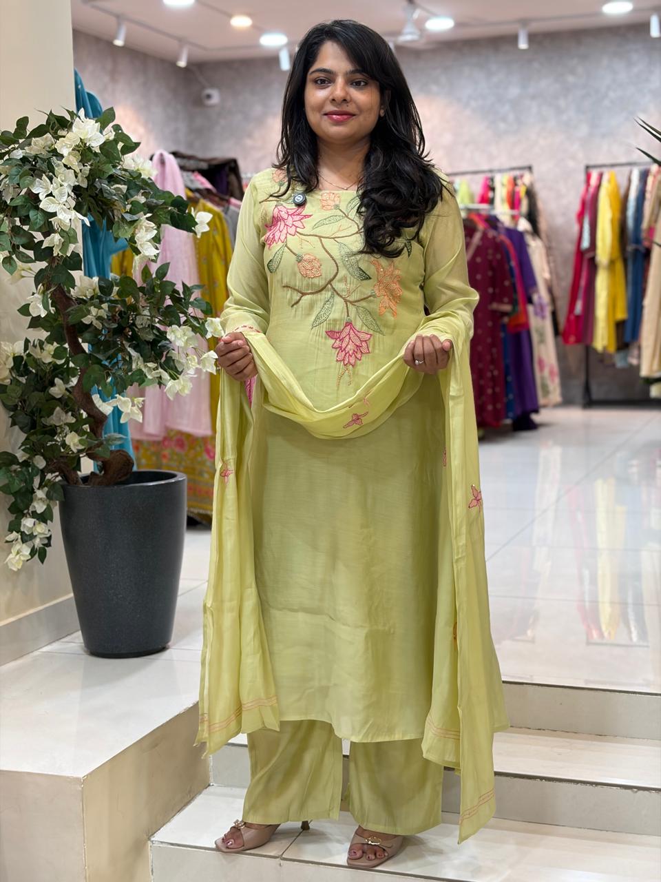 Pista Green Mul Chanderi Thread Embroidery Airline Kurtha 53