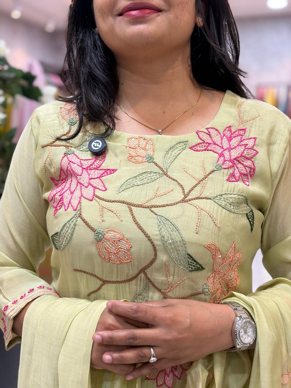 Pista Green Mul Chanderi Thread Embroidery Airline Kurtha 53