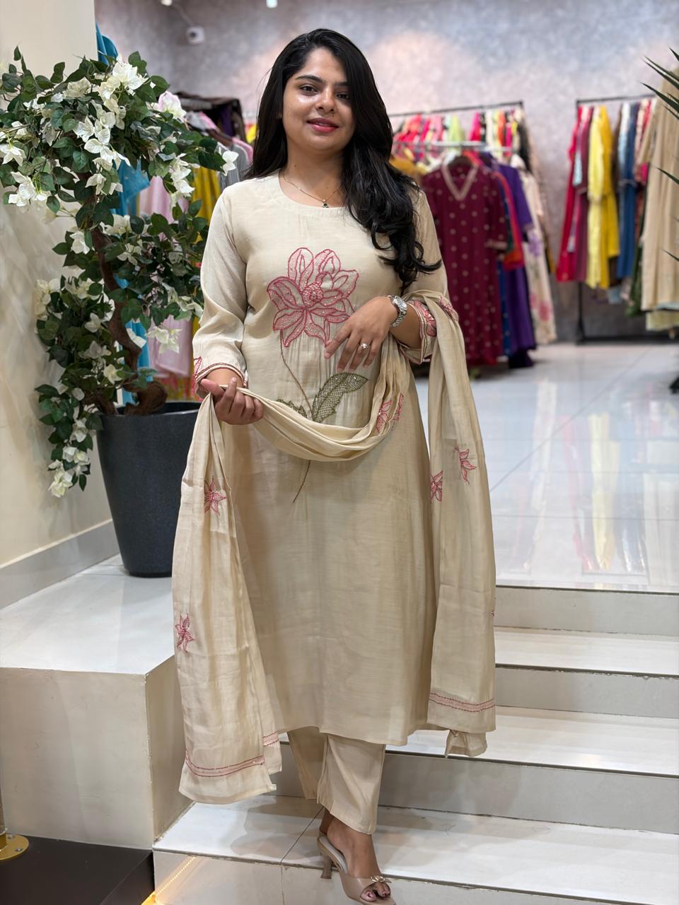 Beige Mul Chanderi Thread Embroidery Airline Kurtha 53