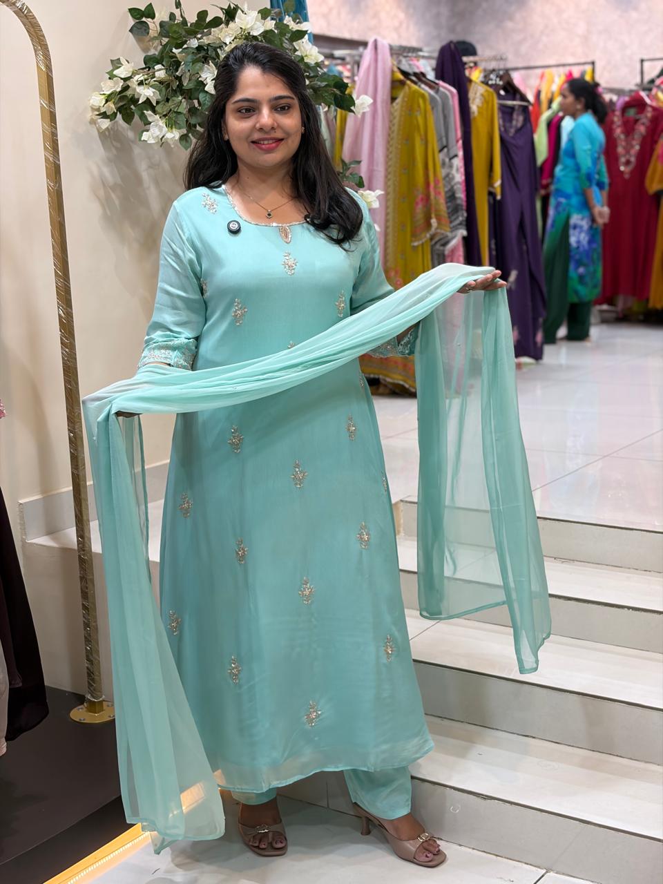 Sea Blue Chinnon Hand Embroidery Airline Kurtha 321