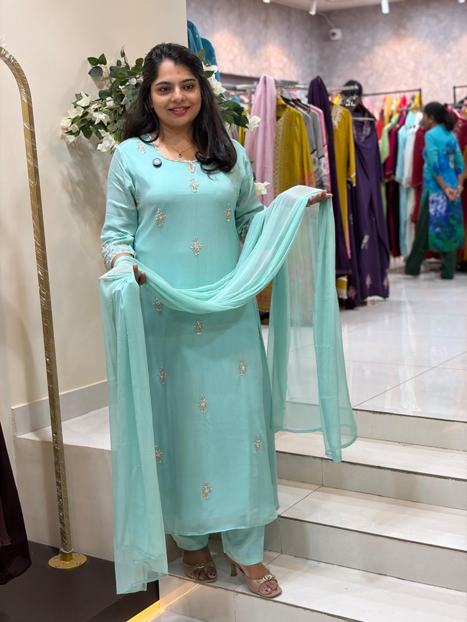 Sea Blue Chinnon Hand Embroidery Airline Kurtha 321