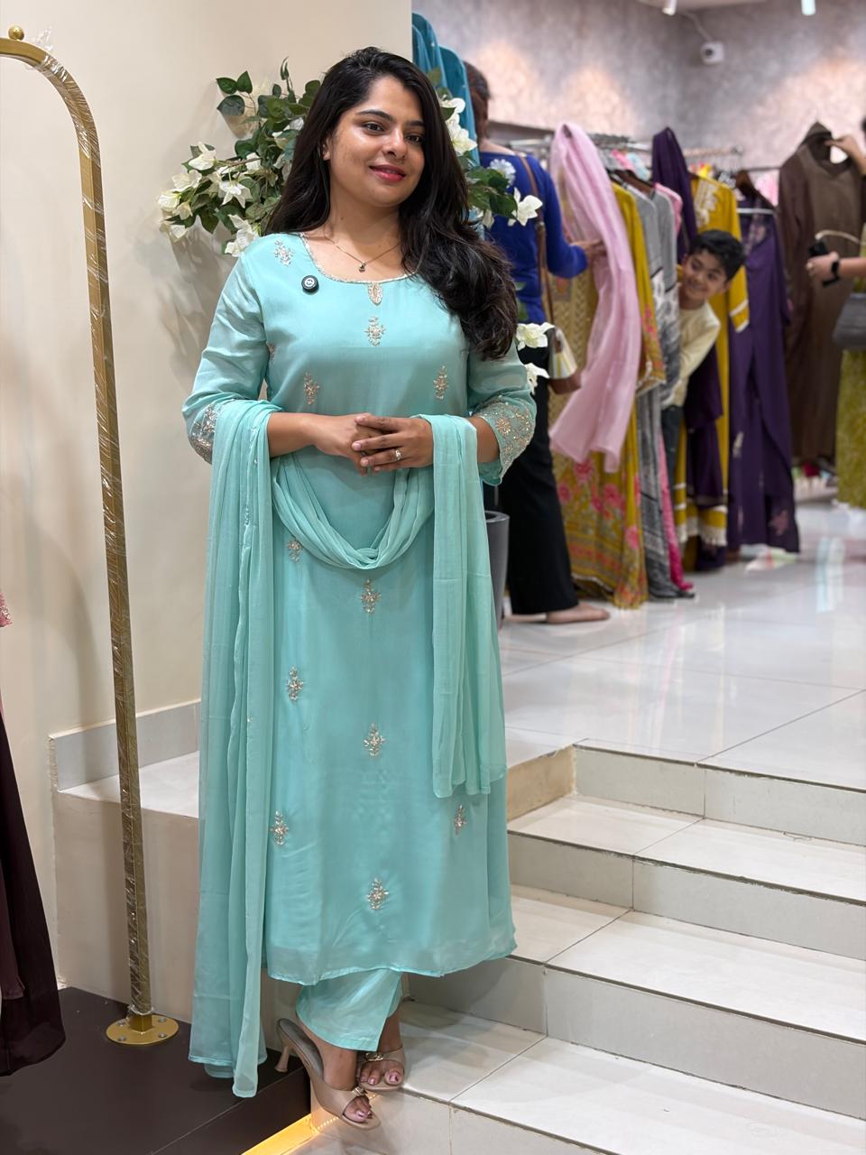 Sea Blue Chinnon Hand Embroidery Airline Kurtha 321